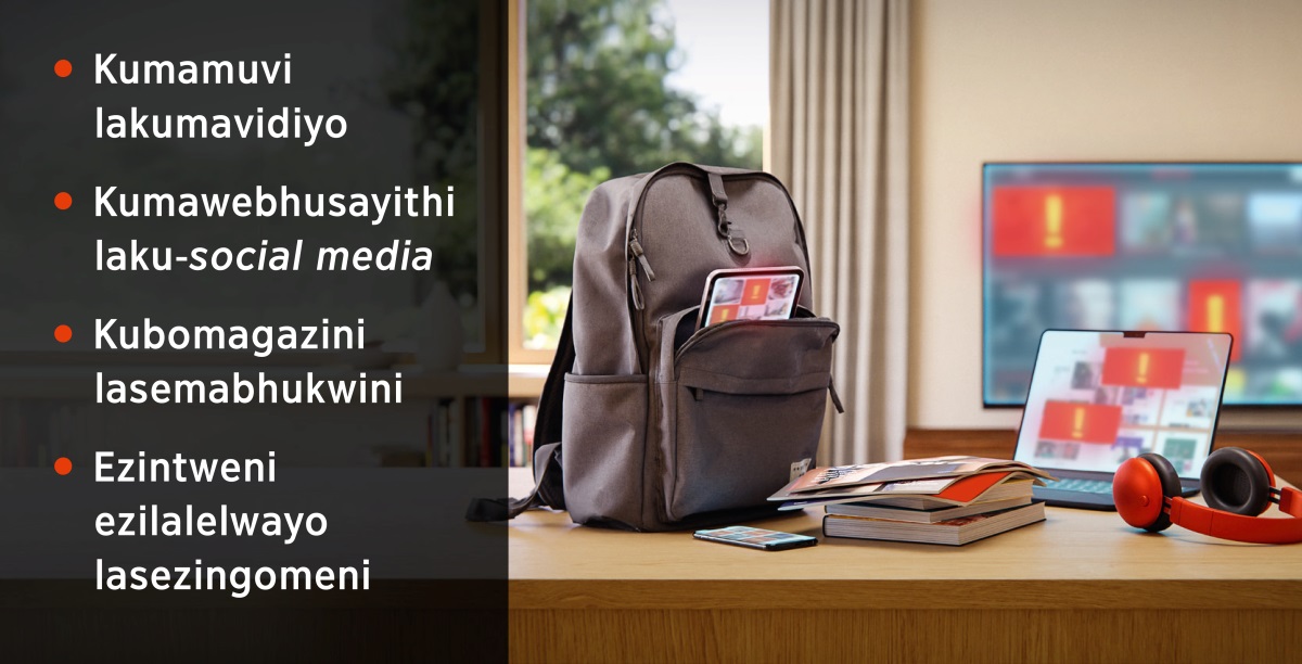 I-tablet esesetshelini, ifoni, amabhuku, omagazini, ikhompiyutha elama-headphone kanye le-TV. Iphonografi ingatholakala: 1. Kumamuvi lakumavidiyo. 2. Kumawebhusayithi lakwezokuxhumana. 3. Kubomagazini lasemabhukwini. 4. Ezintweni ezilalelwayo lasezingomeni.
