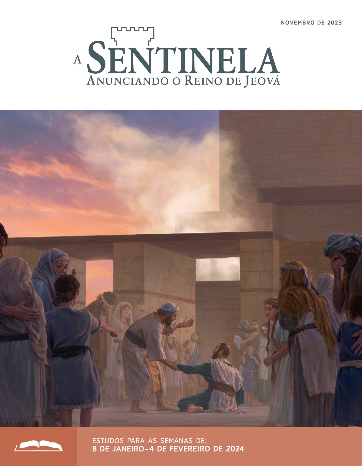 Esdras com outros israelitas no templo estão chorando. Secanias está em pé e encoraja Esdras.