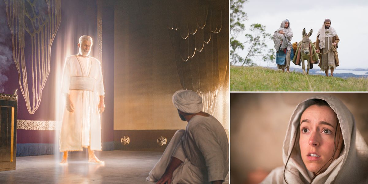 चित्रहरूको सँगालो: पहिलो दिनको कार्यक्रमका आकर्षणहरू। १. मन्दिरभित्र एक जना स्वर्गदूत जकरियासित बोल्छन्‌। जकरिया डराउँछन्‌। २. यहुदी कन्या मरियम अचम्म मान्छिन्‌। ३. युसुफ र मरियम गधासँगै हिँडिरहेका छन्‌। मरियम शिशु येसुलाई बोकिरहेकी छिन्‌।