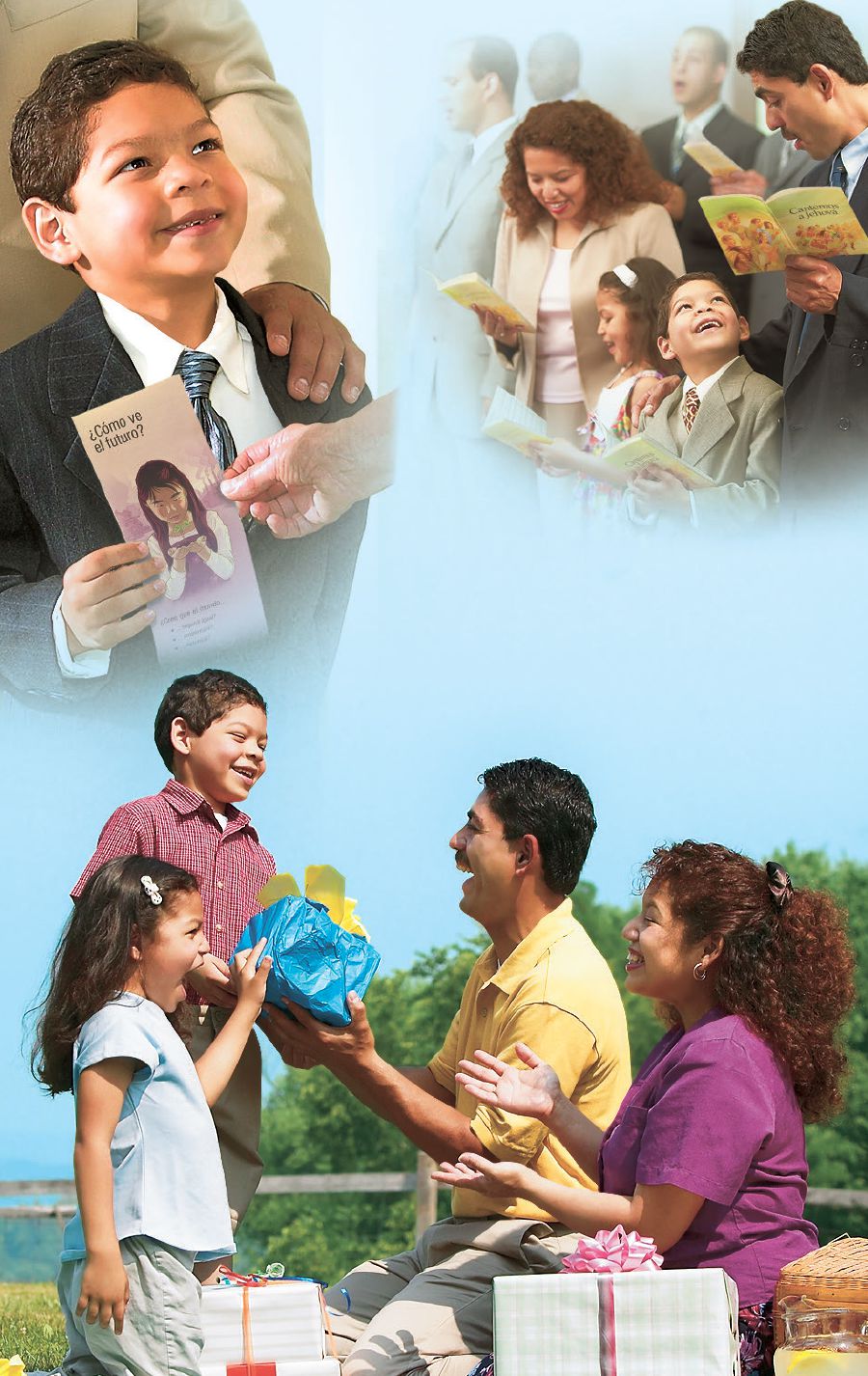 सुसमाचार प्रचार गरिरहेको, ख्रिष्टियन सभामा सँगै उपासना गरिरहेको र पिकनिकमा उपहार आदान-प्रदान गरिरहेको परिवारको दृश्‍य