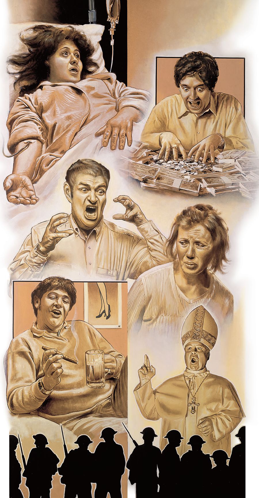 आखिरी समयका दृश्‍यहरू: बिरामी स्त्री, पैसा र सुखविलासलाई प्रेम गर्ने मानिस, दुःखी परिवार, युद्धमा होमिएका सिपाहीहरू