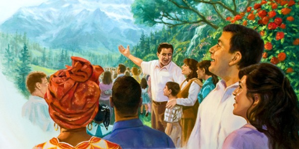पृथ्वीमा स्थापित सुन्दर बगैंचामा मानिसहरू खुसीयाली मनाउँदै छन्‌