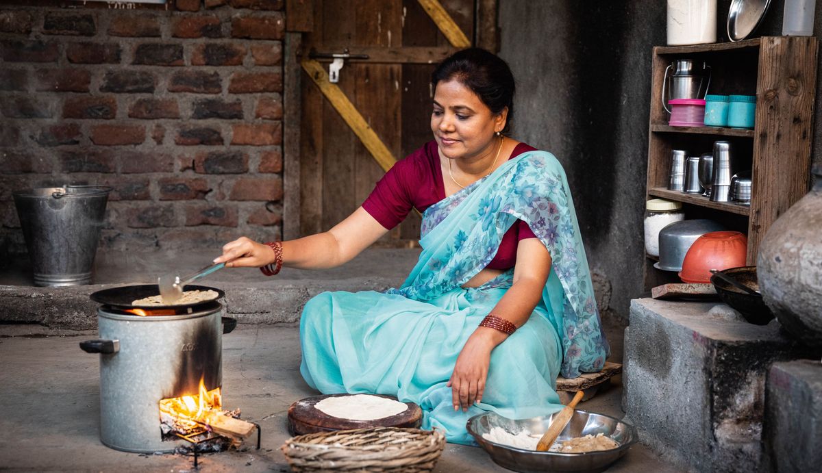 एक महिला आफ्नो सानो घरमा भुईँमा बसेर खाना पकाउँदै छिन्‌। तिनको चुलो साधारण भए पनि त्यसबाट धेरै धुवाँ निस्कँदैन।