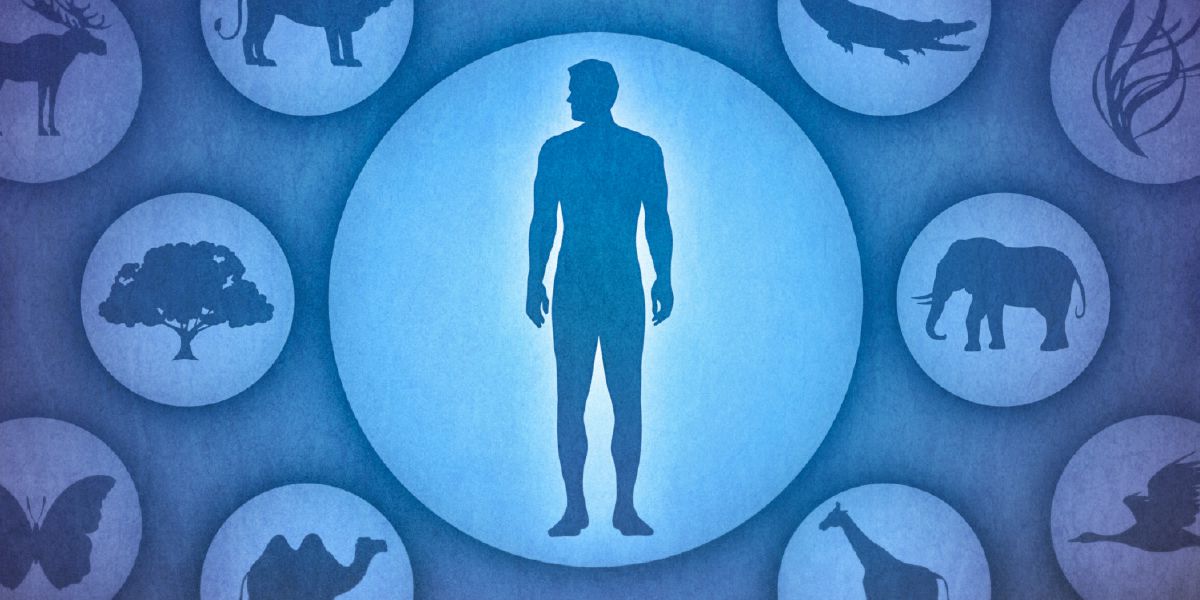 एक जना मानिसको वरिपरि विभिन्‍न किसिमका जनावर, किरा-फट्याङ्‌ग्रा, चरा र बोटबिरुवा छन्‌।