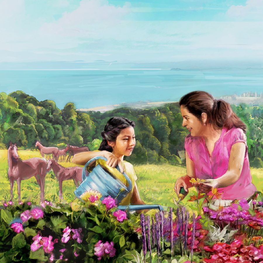 एउटी महिला र सानी केटी सँगै बगैंचामा काम गर्दै