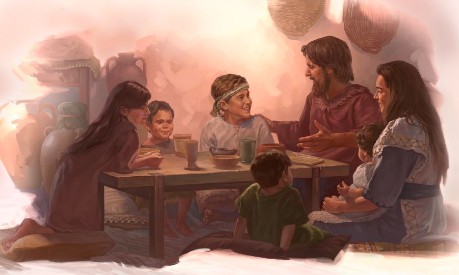 युसुफ र मरियम येसुलगायत अरू केही छोराछोरीसँगै बसेर कुरा गर्दै छन्‌