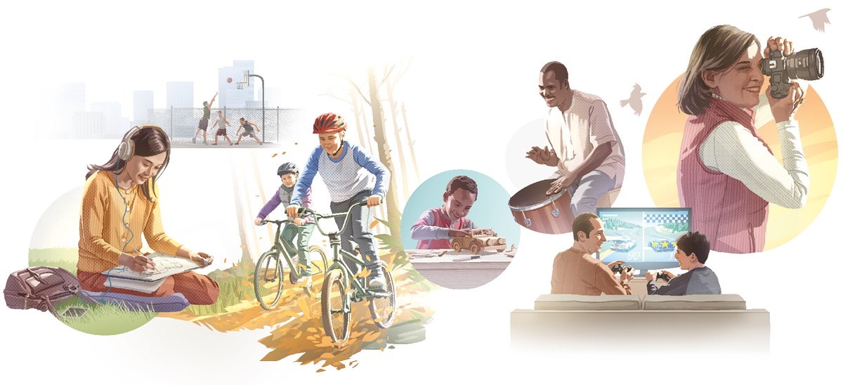 चित्रहरूको सँगालो: विभिन्‍न उमेरका मानिसहरू फाइदाजनक मनोरञ्जनबाट आनन्द उठाउँदै छन्‌। १. एउटी केटी गीत सुन्दै चित्र कोर्छिन्‌। २. तीन जना युवक बास्केटबल खेल्छन्‌। ३. दुई जना केटा साइकल चलाउँछन्‌। ४. एक जना सानो केटा खेलौना गाडी बनाउँछ। ५. एक जना पुरुष ड्रम बजाउँछन्‌। ६. बुबा र छोरा भिडियो गेम खेल्छन्‌। ७. एउटी स्त्री फोटो खिच्छिन्‌।