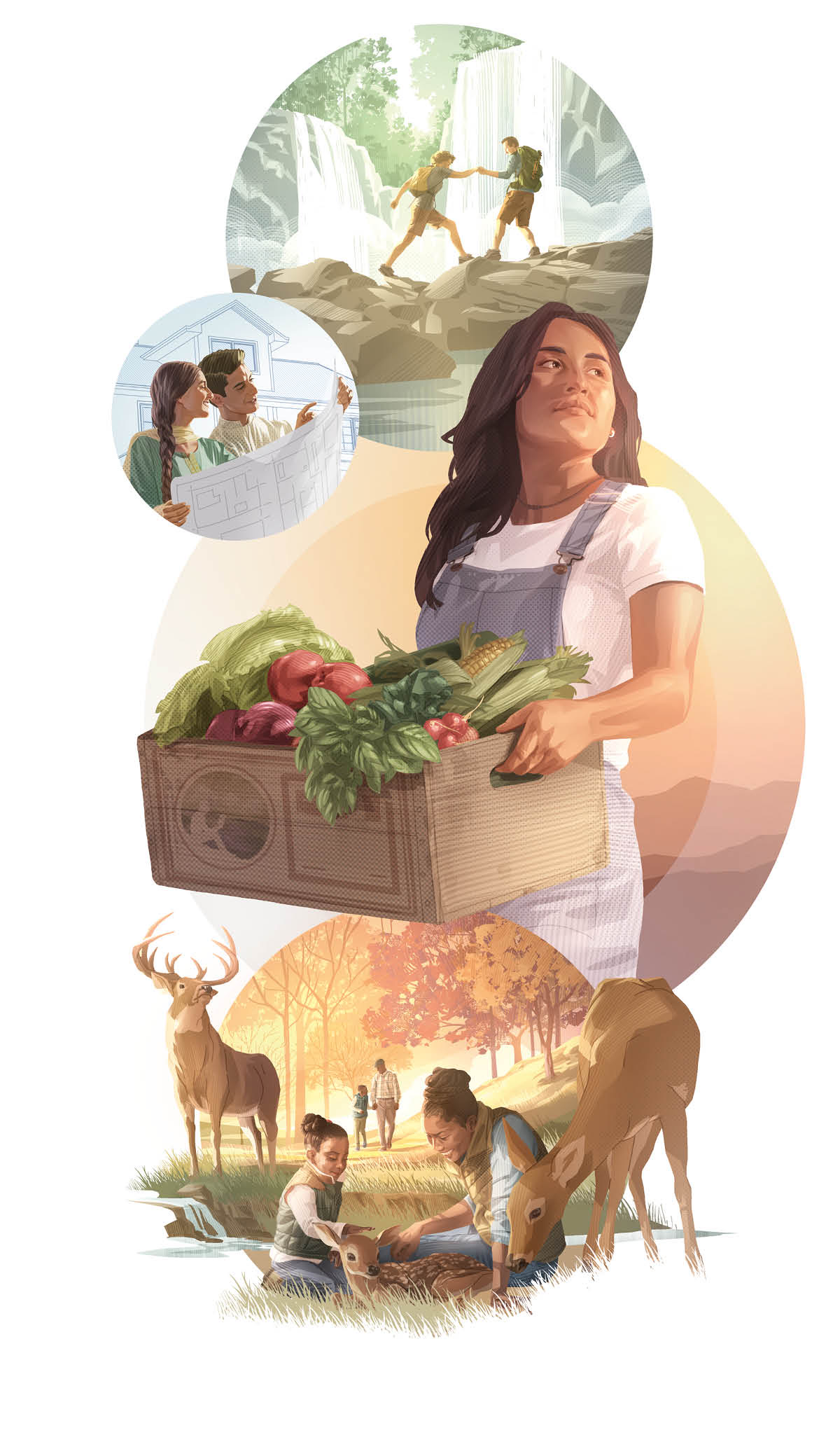 चित्रहरूको सँगालो: मानिसहरू सुन्दर बगैँचारूपी पृथ्वीमा अनन्त जीवनको आनन्द उठाइरहेका छन्‌। १. एक दम्पती झरना नजिकै हिँडिरहेका छन्‌। २. एक दम्पती आफ्नो घरको नक्सा हेरिरहेका छन्‌। ३. एउटी महिला ताजा सागसब्जीको टोकरी बोकिरहेकी छिन्‌। ४. आमा र छोरी हरिणको बच्चालाई सुमसुम्याइरहेका छन्‌। बुबा र छोरा कुराकानी गरिरहेका छन्‌।