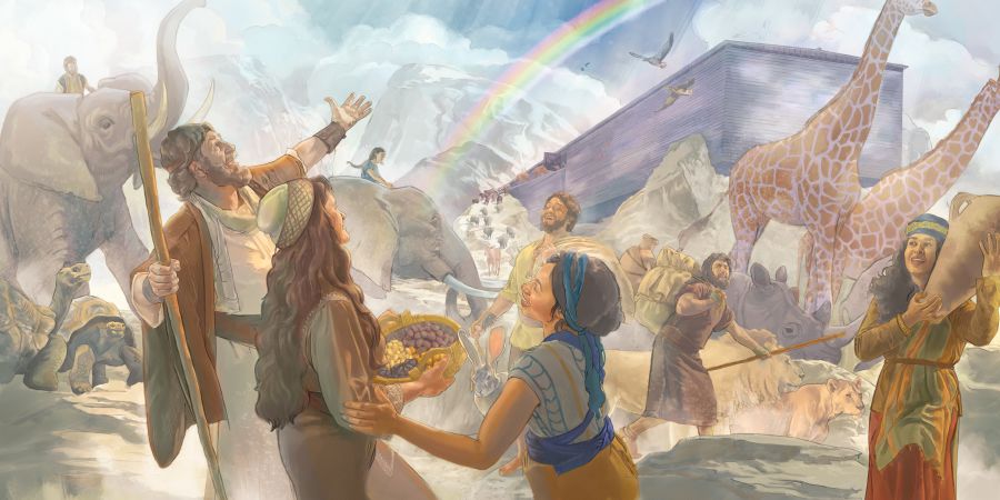 नुह, उनको परिवार र जनावरहरू जहाजबाट निस्कन्छन्‌ र आकाशमा इन्द्रेनी देखा पर्छ