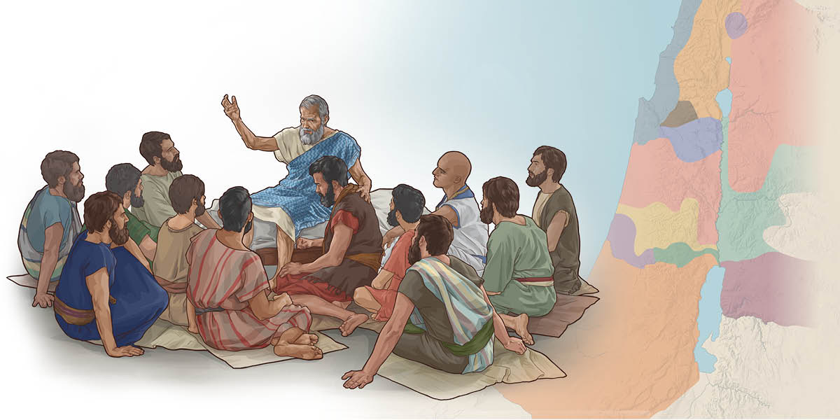 चित्रहरूको सँगालो: १. याकुबले आफ्नो मृत्यु हुनुअघि छोराहरूसामु भविष्यवाणी गर्दै छन्‌। २. प्रतिज्ञा गरिएको देशको नक्सामा इस्राएलको १२ कुललाई भाग लगाइएको जमिन देखाइएको छ।