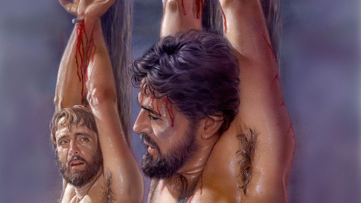 येसुलाई अर्को एक जना अपराधीसित यातनाको खम्बामा झुन्ड्याइएको छ।