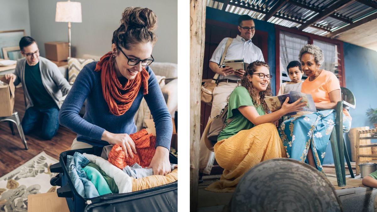तस्बिरहरूको सँगालो: १. एक दम्पती सुटकेस अनि बाकसहरूमा सामान प्याक गर्दै छन्‌। २. उक्‍त दम्पती विदेशमा सेवा गर्दै छन्‌ र एउटी महिलालाई सुसमाचार सुनाउँदै छन्‌।