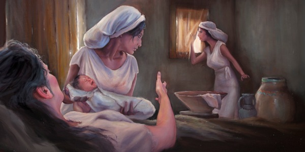 हिब्रू स्त्रीले छोरा जन्माएपछि हिब्रू सुँडेनी शिप्रा र पूआ बच्चाको सुरक्षा गर्दै