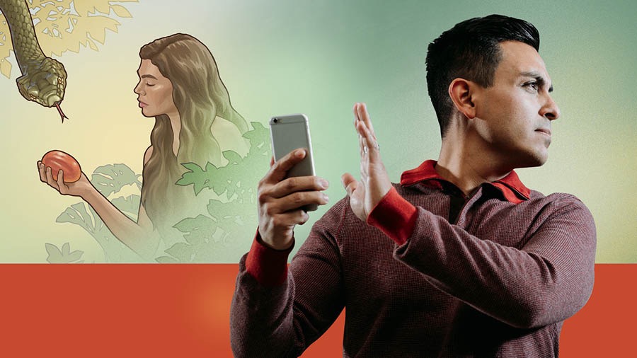 चित्रहरूको सँगालो: १. निषेधित फल हातमा लिएर हेरिरहेकी हव्वालाई सर्पले हेर्दै छ। २. एक जना मानिस मोबाइलबाट ध्यान अन्तै मोडेको कुरा आफ्नो हातले इसारा गर्दै छन्‌।