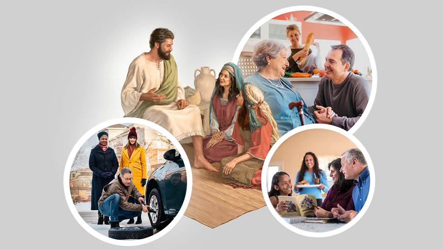 येसु बसेर शिक्षा दिँदै हुनुहुन्छ। मार्था र मरियम येसुको पाउनेर बसेर उहाँको कुरा सुनिरहेका छन्‌। चित्रहरूको सङ्‌गालो: १. एक दम्पती अशक्‍त र वृद्ध दिदीलाई भेट्‌न गएका छन्‌। पति ती दिदीसित कुरा गरिरहेका छन्‌ भने पत्नीचाहिँ भान्सामा सरसामान राख्दै छिन्‌। २. एक दम्पती एक बहिनी र तिनकी छोरीसित पारिवारिक उपासना गर्दै छन्‌। ३. एक भाइ दुई जना बहिनीलाई उनीहरूको गाडीको टायर फेर्न मदत गर्दै छन्‌।