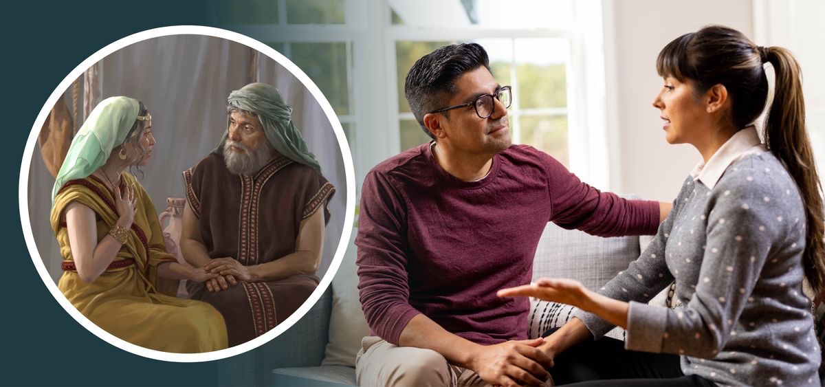 पतिले पत्नीको कुरा ध्यान दिएर सुनिरहेका छन्‌। बायाँतिर अब्राहामले साराको कुरा ध्यान दिएर सुनिरहेको देखाइएको छ।