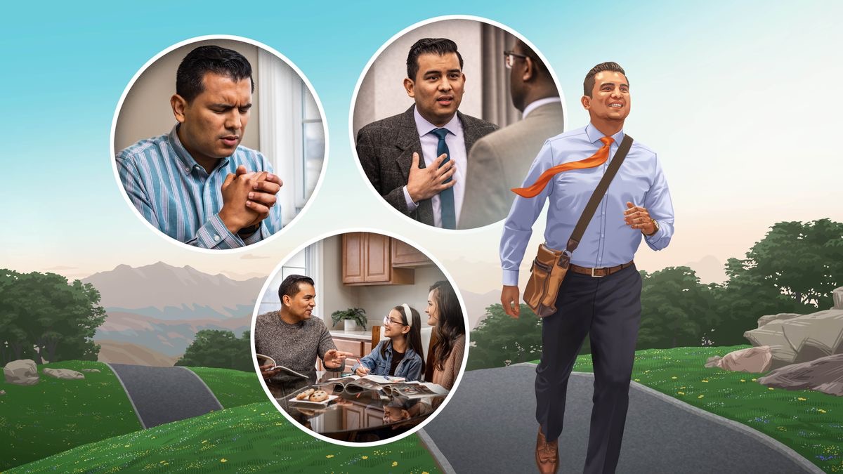 एक भाइ उकालो बाटोमा दौडिँदै छन्‌। सँगैको गोलो घेरामा देखाइएअनुसार तिनी प्रार्थना गर्दै छन्‌, पारिवारिक उपासना सञ्चालन गर्दै छन्‌ र अर्का एक भाइसित माफी माग्दै छन्‌। यी चित्रहरूबारे यस लेखको अनुच्छेद ४-९ मा पनि छलफल गरिनेछ।