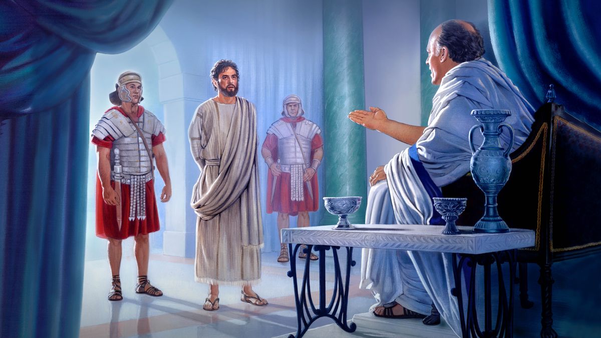 पन्तियस पिलातस येसुलाई प्रश्‍न सोध्दै छन्‌। येसुको दायाँ-बायाँ दुई जना रोमी सिपाही छन्‌।