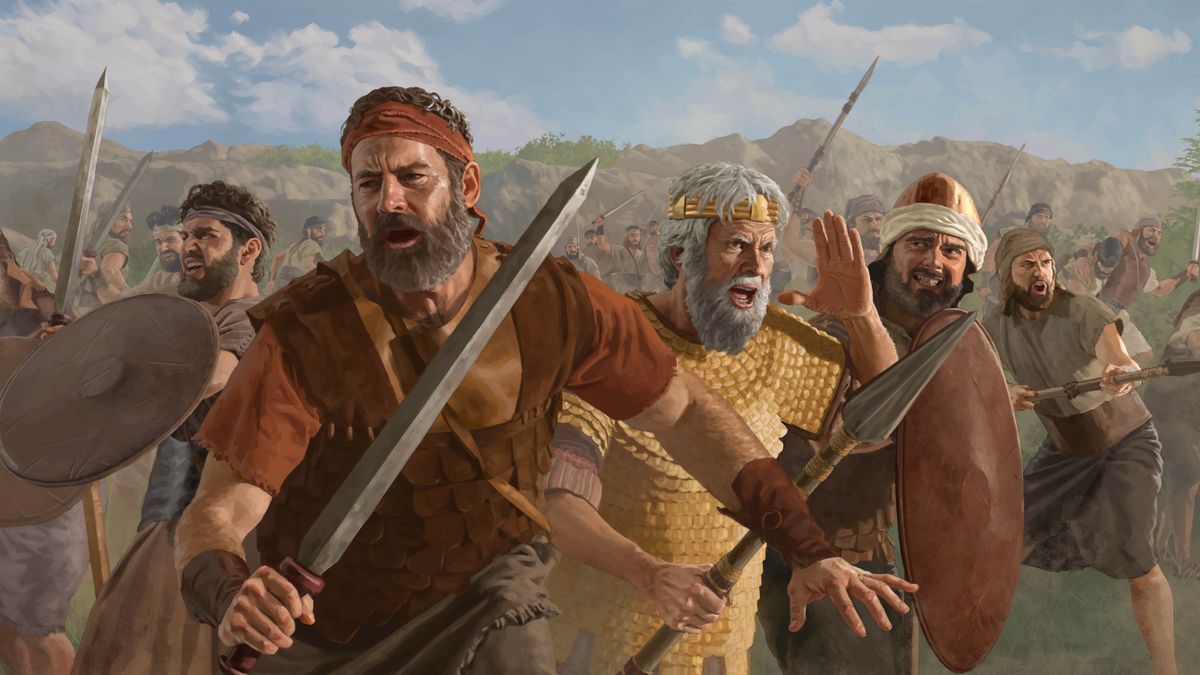 जोनाथन, साउल अनि इस्राएली सिपाहीहरू तरबार, भाला अनि ढाल बोकेर रणभूमिमा युद्ध लड्‌दै छन्‌।