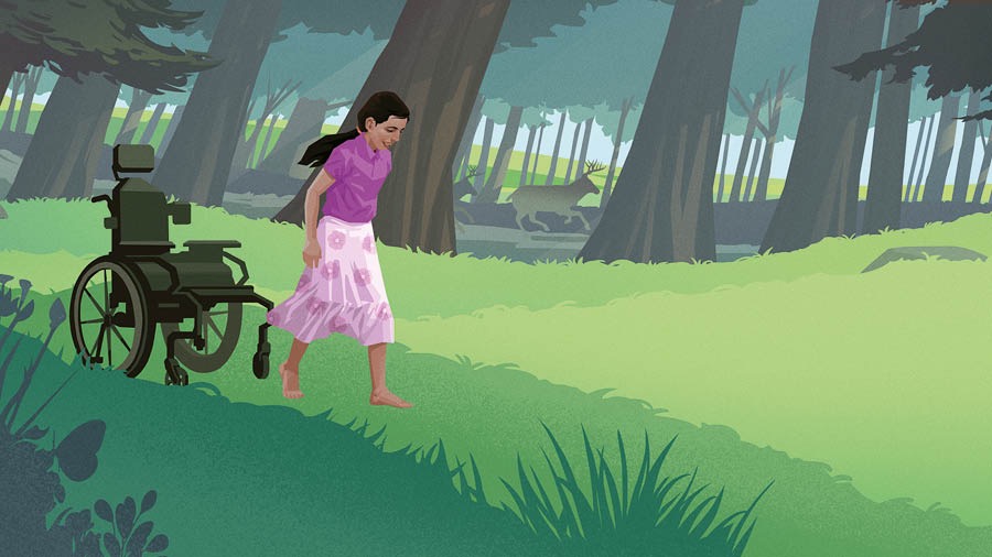 एक जना सानी केटी ह्वीलचेयरबाट उठ्‌छिन्‌ र हिँड्‌छिन्‌