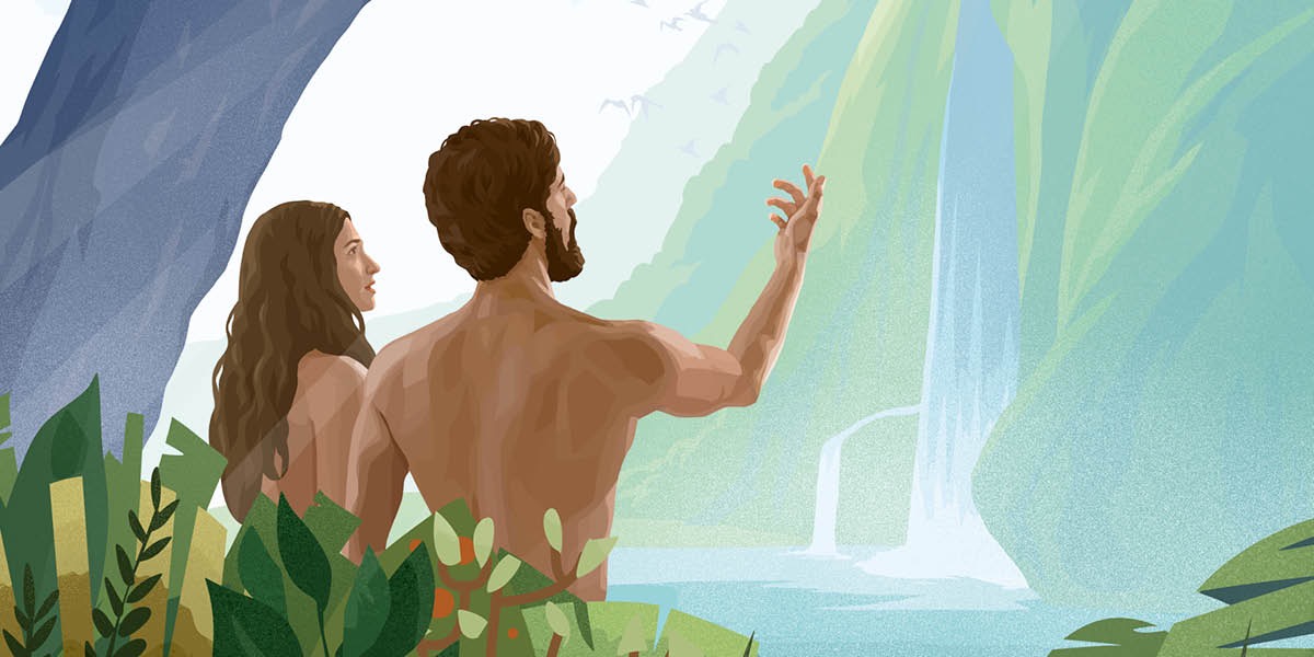 आदम र हव्वा अदनको बगैँचामा झरना हेर्दै छन्‌।
