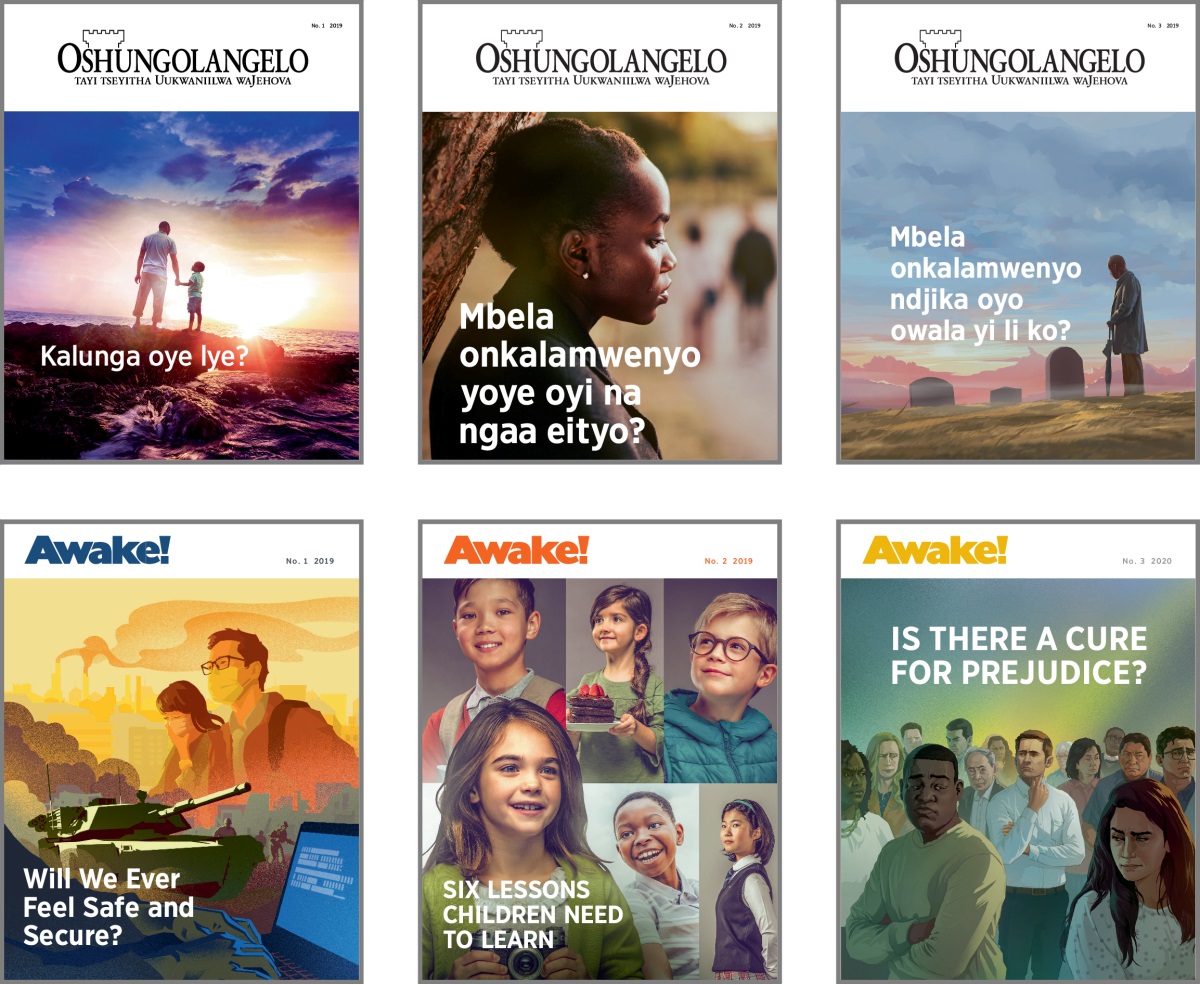Omathano: Iipalanyolo yokombanda ‘yOshungolangelo’ ‘noAwake!’ yomo 2019. 1. ‘Kalunga oye lye?’ 2. ‘Mbela onkalamwenyo yoye oyi na ngaa eityo?’ 3. ‘Mbela onkalamwenyo ndjika oyo owala yi li ko?’ 4. ‘Will We Ever Feel Safe and Secure?’ 5. ‘Six Lessons Children Need to Learn.’ 6. ‘Can the Bible Make Your Life Better?’