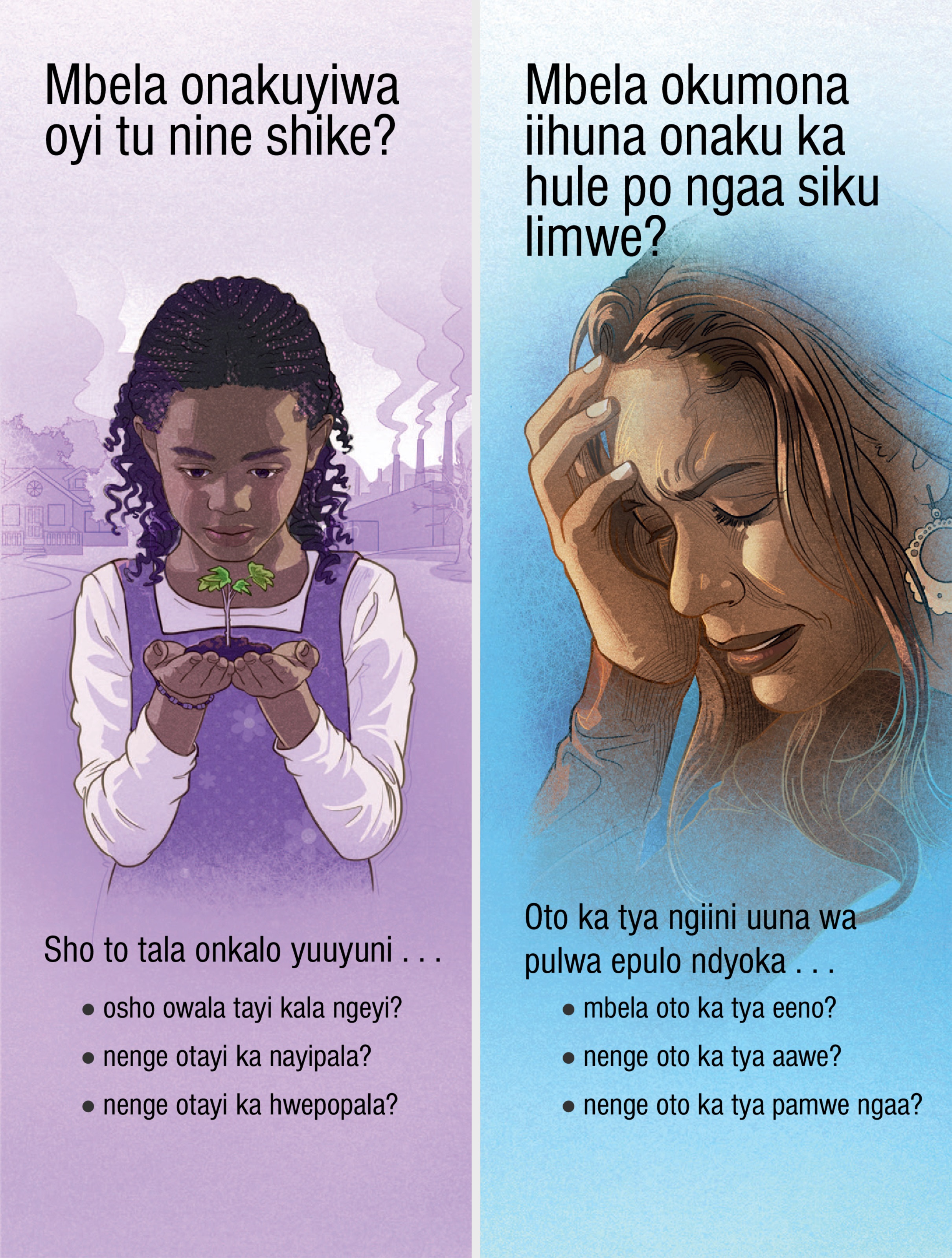 Okafo “Mbela onakuyiwa oyi tu nine shike?” nosho wo “Mbela okumona iihuna onaku ka hule po ngaa siku limwe?”