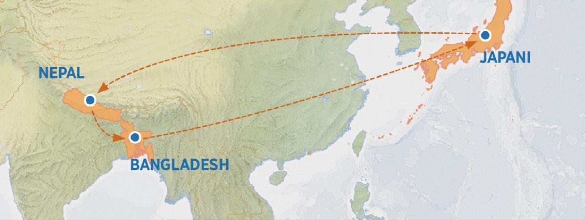 Okaalita ke na uukuti tawu ulike olweendo okuza koJapani okuuka koNepal nokuza moNepal okuuka koBangladesh nokushuna koJapani