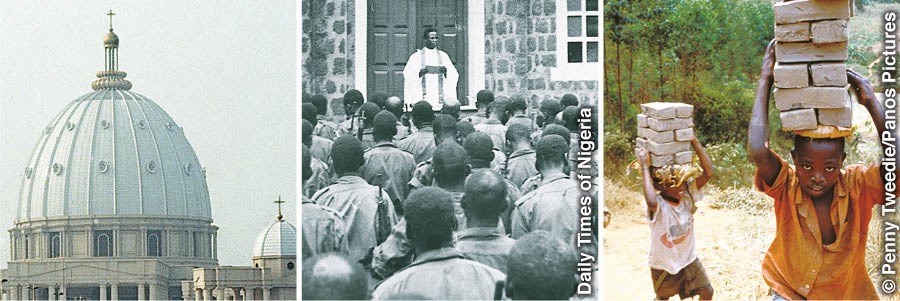 A religious building; a clergyman talks to soldiers; children work as slaves
