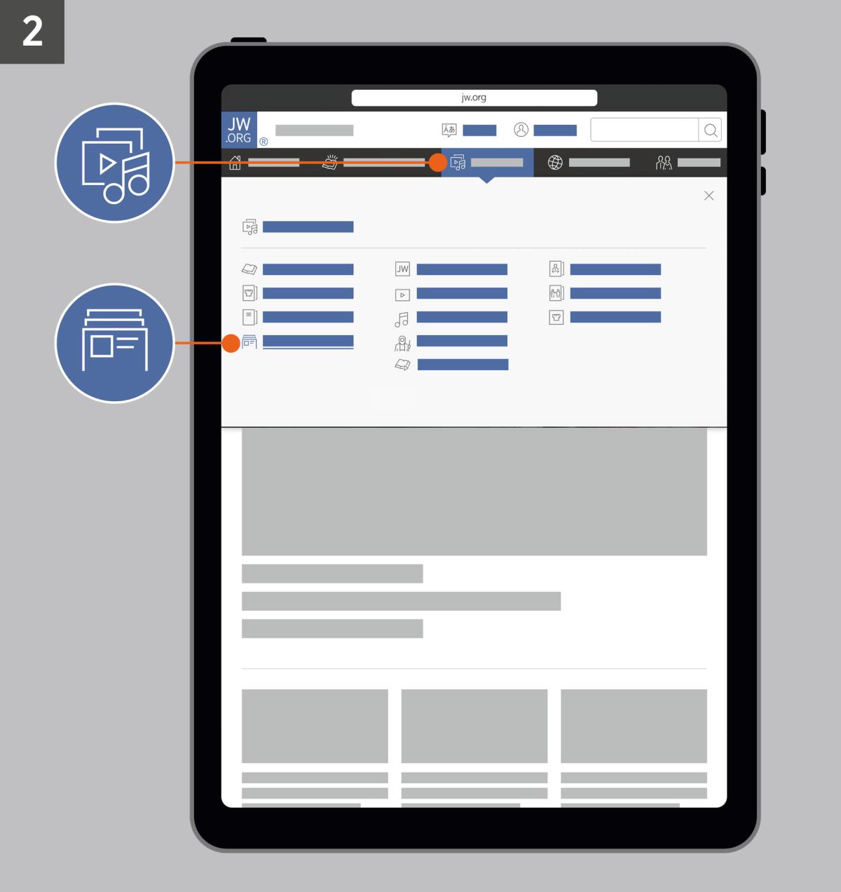 Ipan se tablet tlapojtika página jw.org. Ipan tlaixkopinajli noteititia kampa kijtoua “Amatlajkuiloltin” niman sakin kampa kijtoua “Tlamachtiltin”.