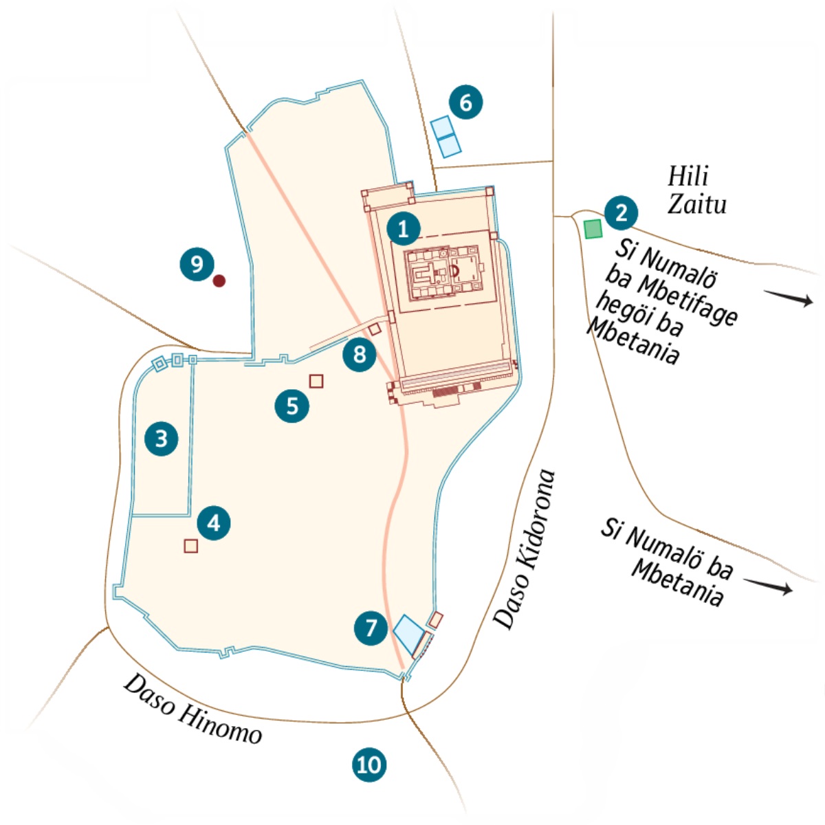 Peta mbanua Yeruzalema hegöi si fasui ya’ia. No mutötöi ba da’ö nahia si no mu’ila mazui sahatö ba da’ö. 1. Osali Lowalangi. 2. Kabu Gezemane. 3. Gödo gubernur. 4. Omo Gayafa. 5. Gödo razo ni’oguna’ö Herode Atifasi. 6. Ba’a nidanö Betesa. 7. Ba’a nidanö Ziloa. 8. Gödo Zangetu’ö Huku. 9. Gologata. 10. Akhelidama.