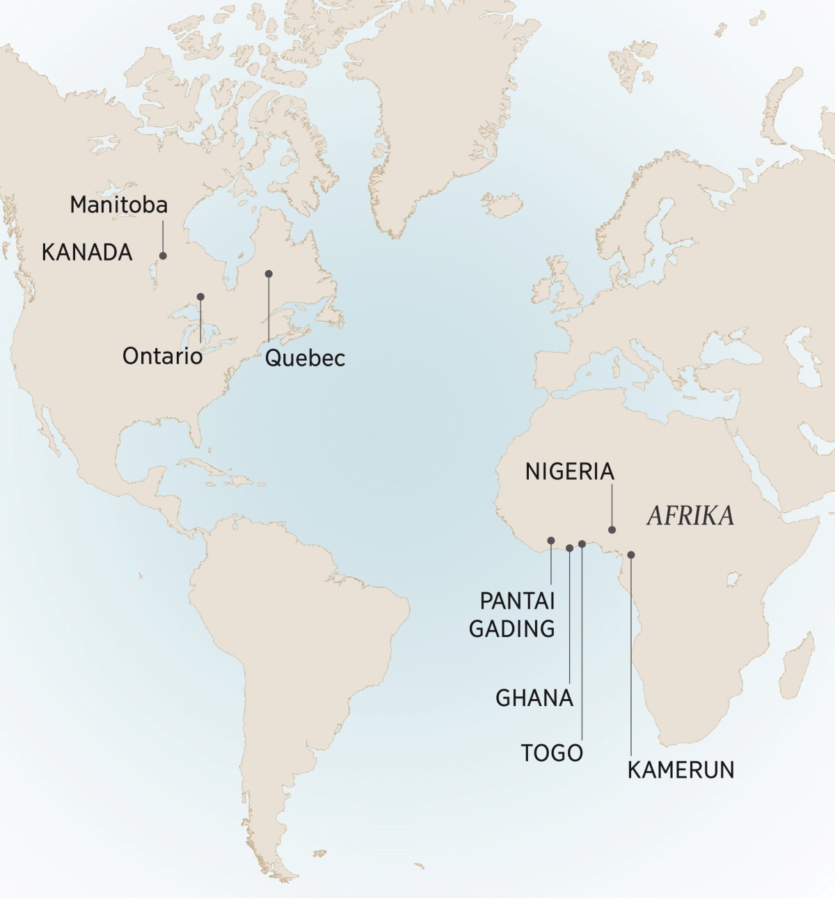 Peta sangoromaʼö nahia waʼatoröi André me mangai halöwö ia: Manitoba, Ontario, hegöi Quebec, Kanada; Kamerun, Pantai Gading, Ghana, Nigeria, hegöi Togo, Afrika.