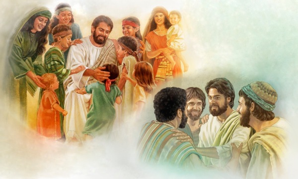 Jesus welcomes little children who come to him and he speaks kindly to his disciples