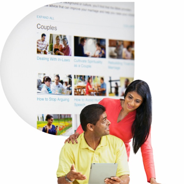Een echtpaar bekijkt het gedeelte Relaties en Opvoeding op jw.org
