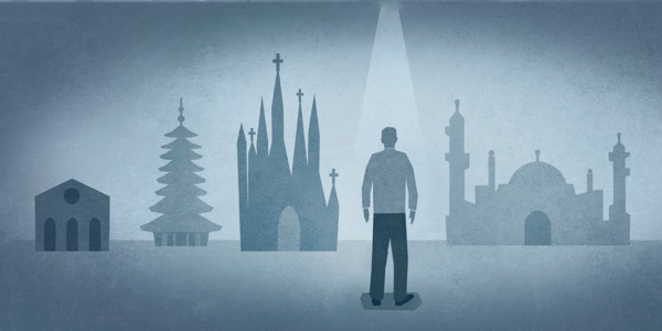 Een man die naar verschillende religieuze gebouwen kijkt