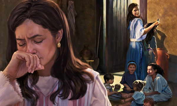 De trotse Peninna, met haar kinderen, kijkt zelfvoldaan naar de huilende Hanna