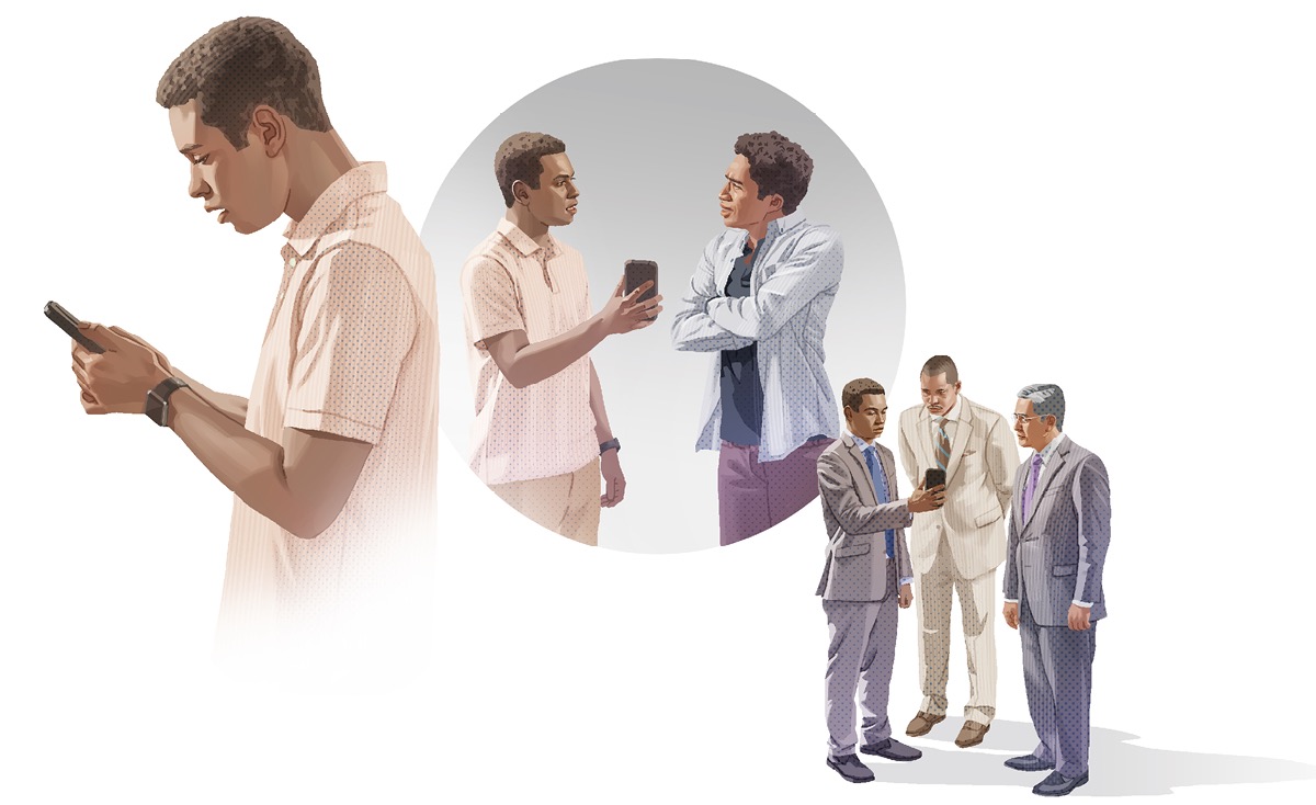 Collage: Een broeder helpt een andere broeder die een fout heeft begaan. 1. De broeder schrikt van wat hij op zijn telefoon ziet. 2. De broeder laat zijn telefoon aan de andere broeder zien, maar die wijst zijn hulp af. 3. De broeder praat met twee ouderlingen en laat zijn telefoon aan hen zien.