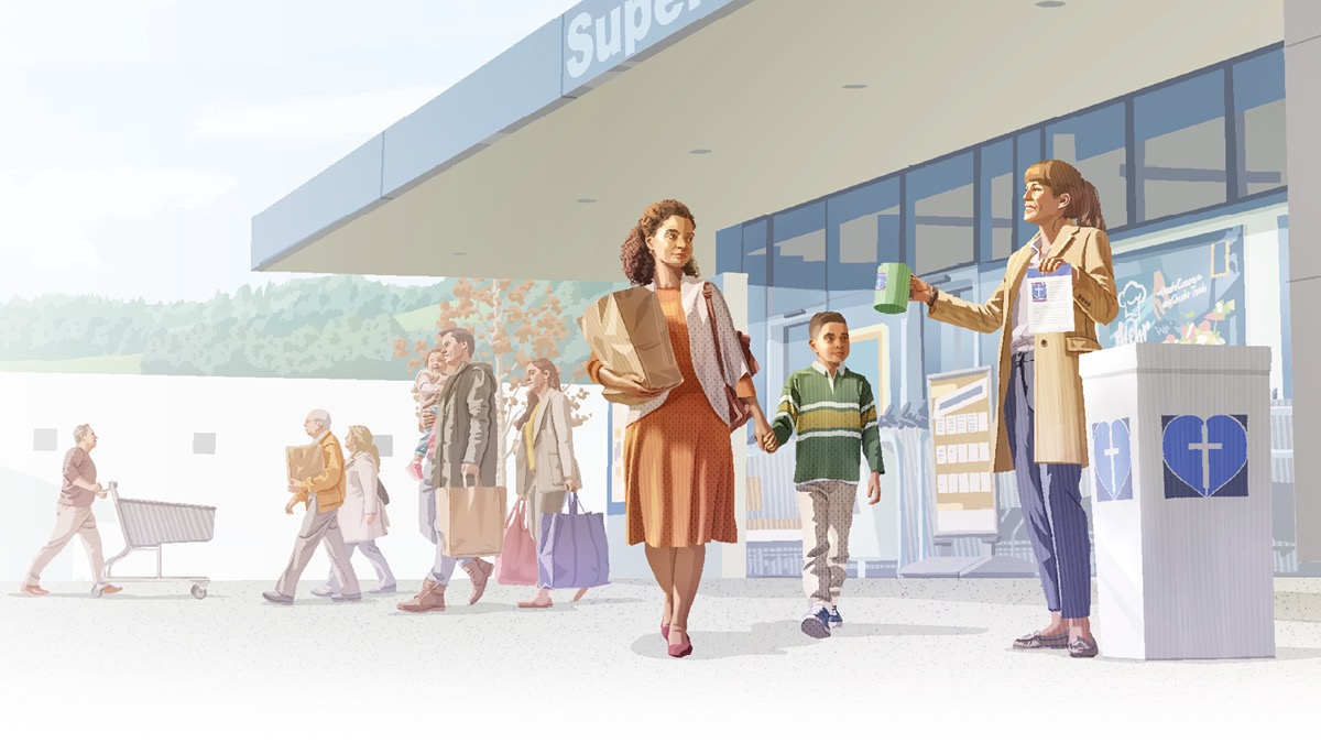 Een zuster en haar zoontje komen uit de supermarkt. Ze lopen voorbij een vrouw die collecteert voor een religieus goed doel.