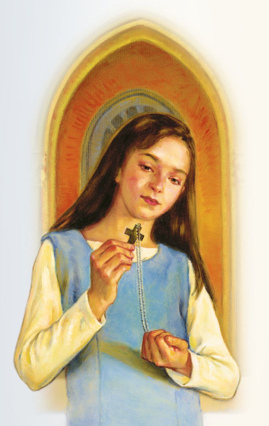 Een meisje houdt een rozenkrans vast