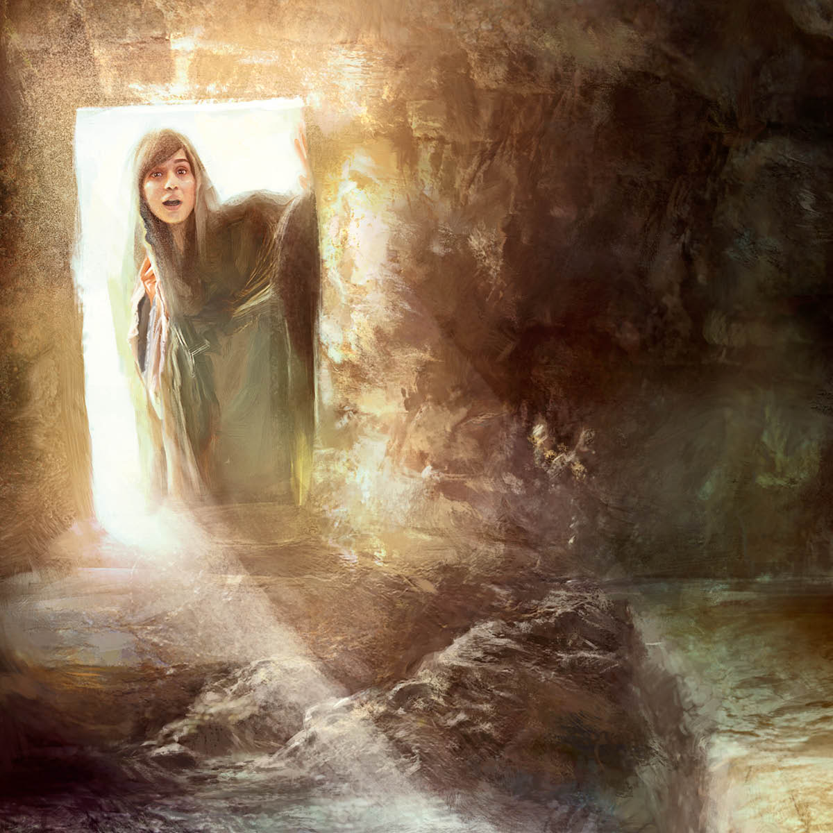 Maria Magdalena kijkt in het lege graf van Jezus.