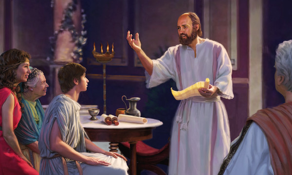 Timotheüs, zijn moeder, Eunice, en zijn oma, Loïs, die naar Paulus luisteren
