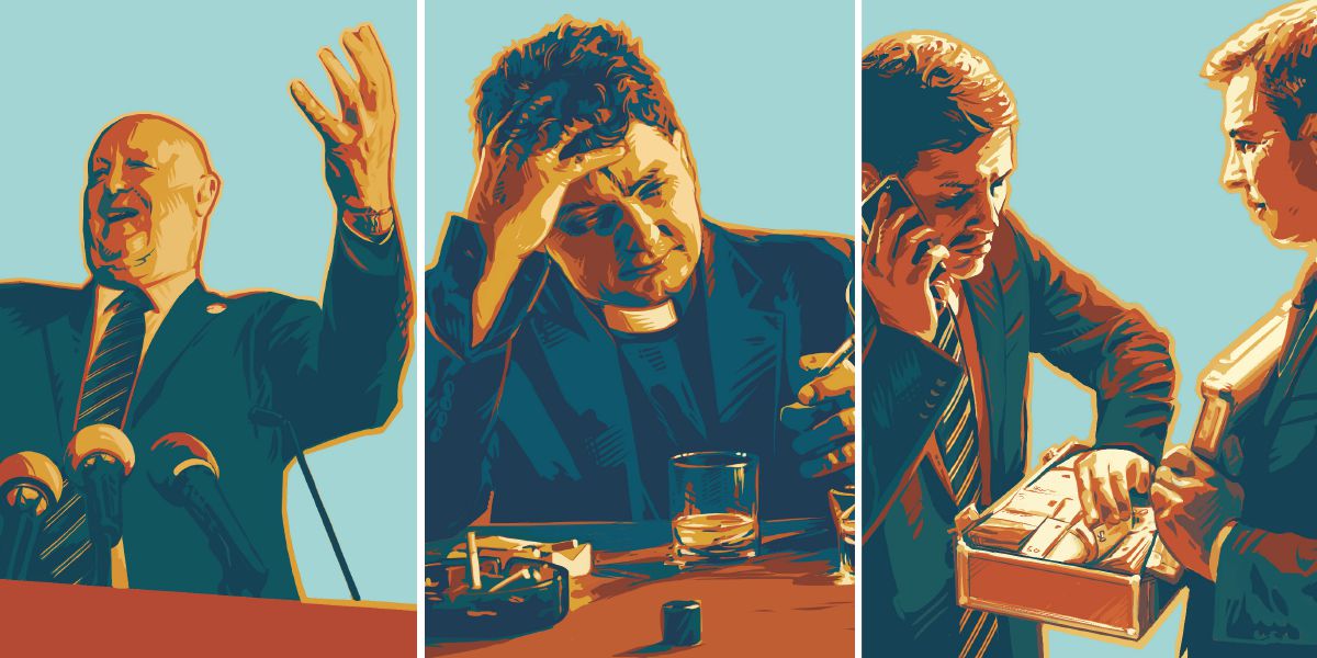 Een politicus die een toespraak houdt, een geestelijke die drinkt en rookt, en twee zakenmannen die geld stelen