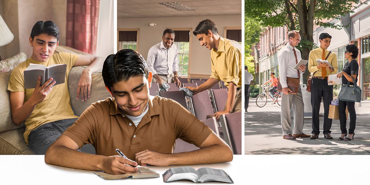 Een jongen die aan persoonlijke studie doet, de Bijbel leest, de Koninkrijkszaal schoonmaakt en in de velddienst gaat