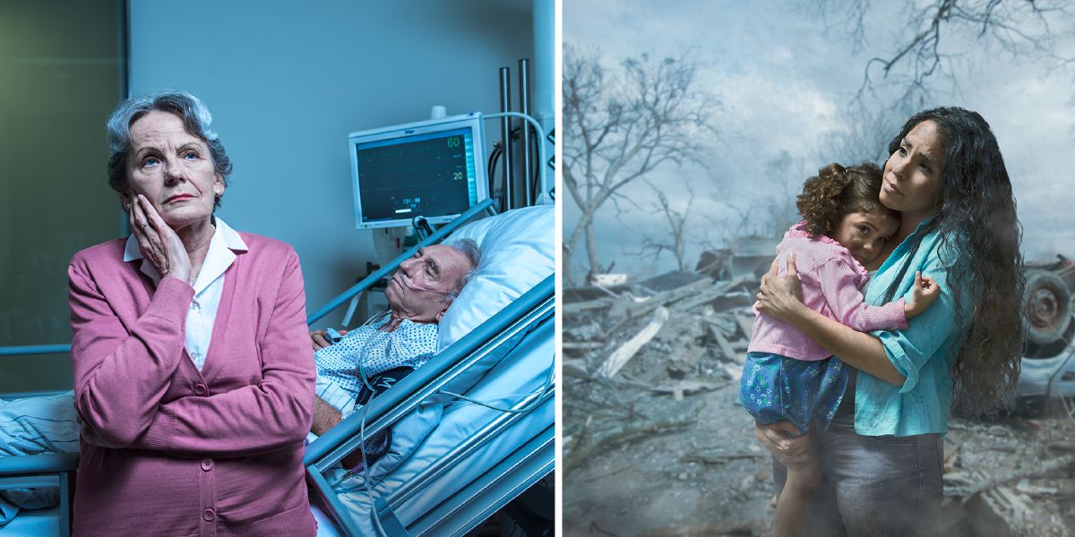 1. Een bezorgde zuster bij haar man in het ziekenhuis; 2. Een zuster die haar dochter stevig vasthoudt nadat een storm hun huis heeft verwoest