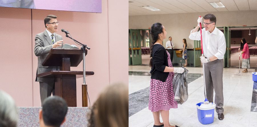 Een ouderling die een lezing houdt en die later meehelpt met het schoonmaken van de Koninkrijkszaal