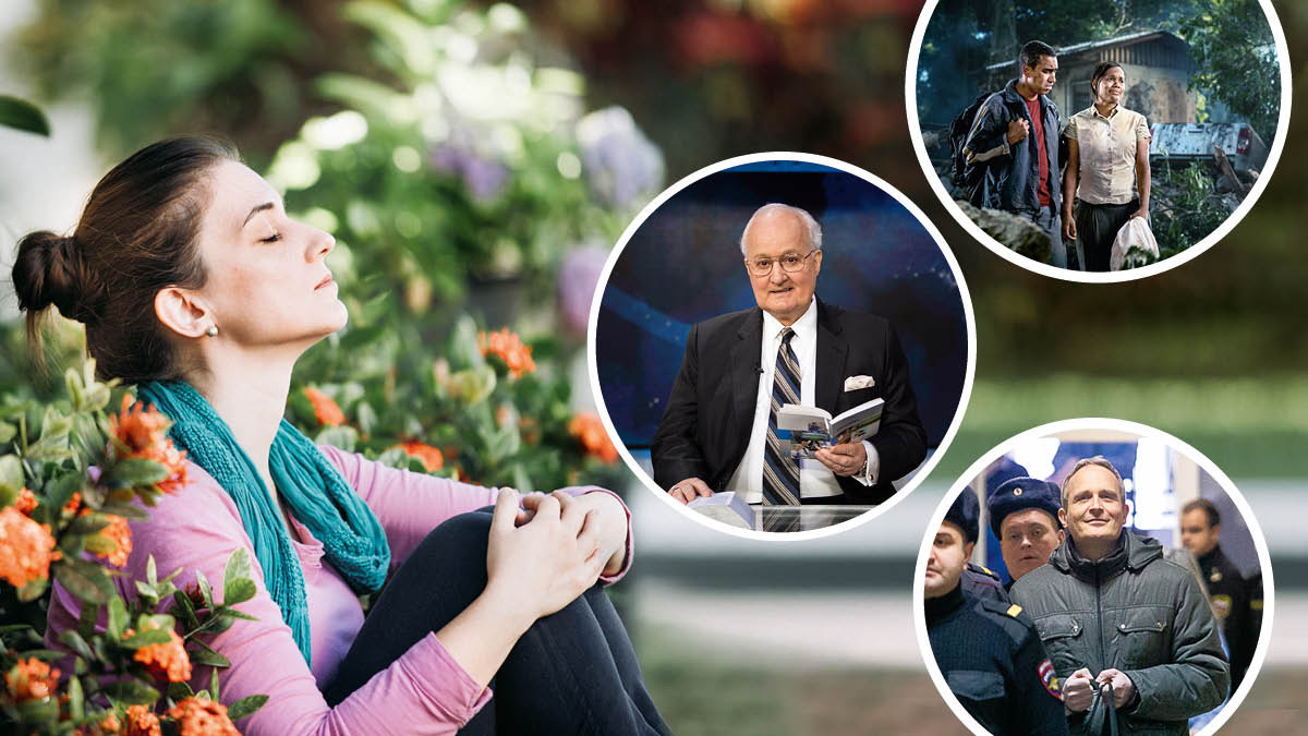Een zuster bidt. Collage: 1. Een lid van het Besturende Lichaam op JW Broadcasting®. 2. Een echtpaar vertrekt uit hun door een storm beschadigde huis. 3. Dennis Christensen in handboeien, begeleid door Russische politie.