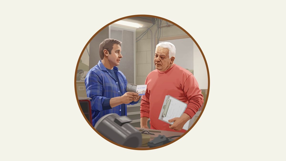 Een broeder geeft in een laswerkplaats getuigenis aan een collega.