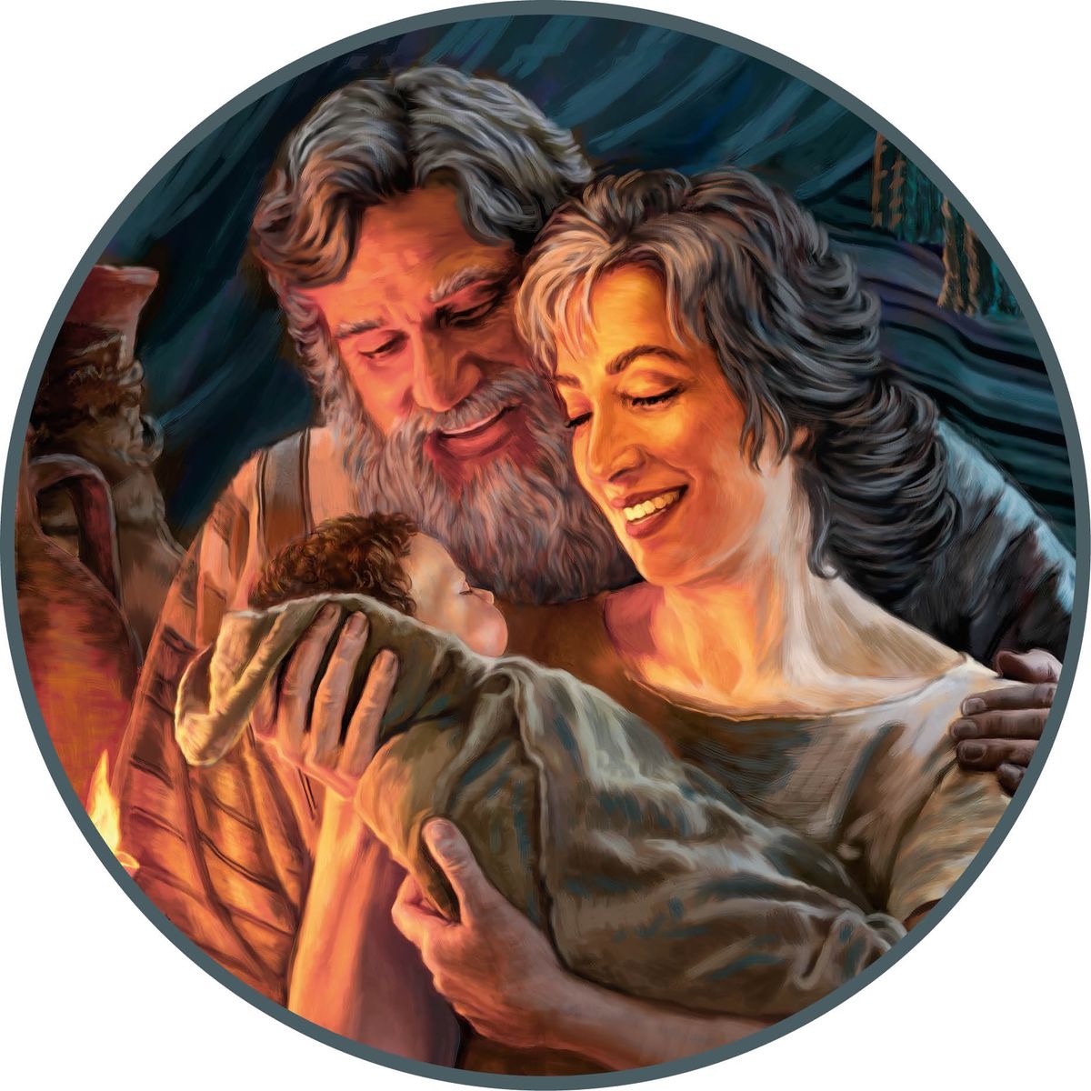 Abraham en Sara met hun pasgeboren zoon Isaäk.