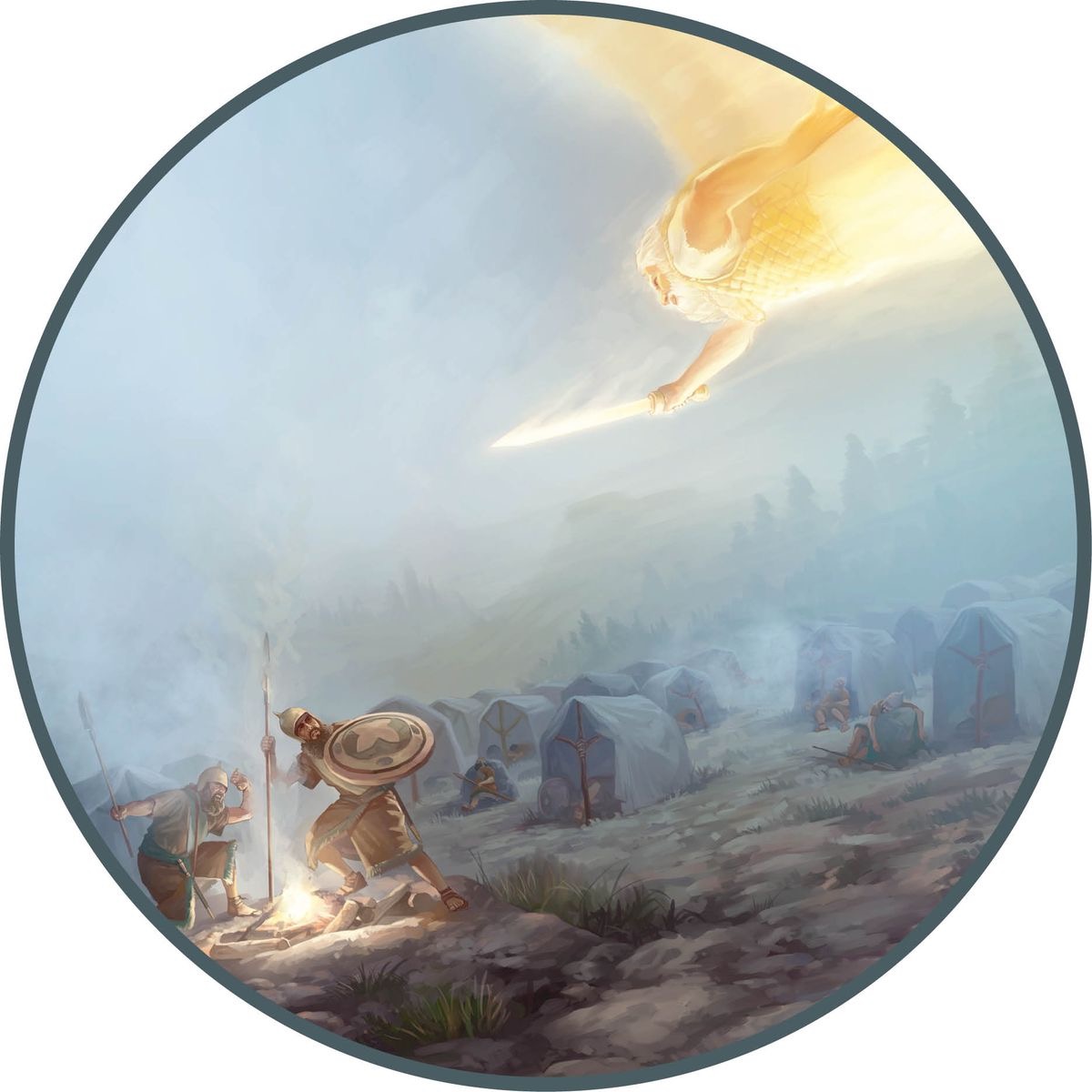 Een engel met een zwaard vliegt naar het Assyrische leger.