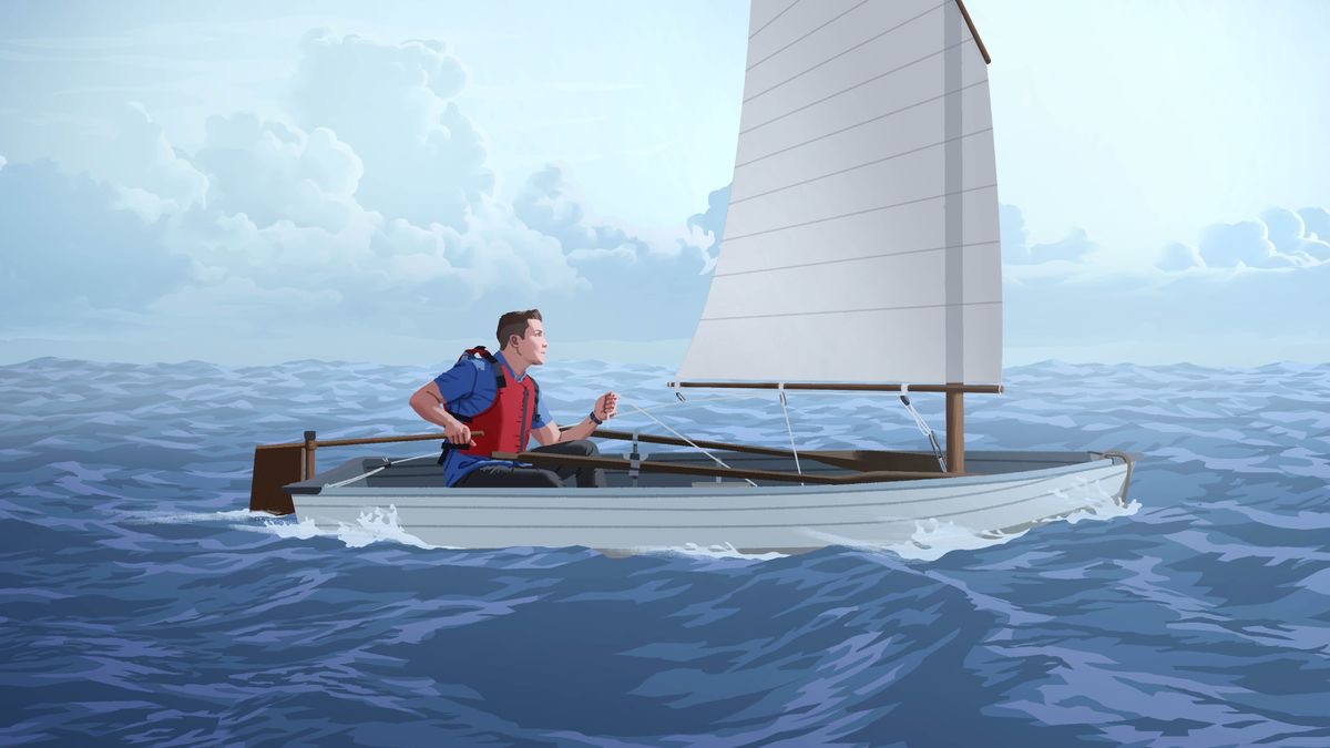 Een man in een bootje met gehesen zeil.